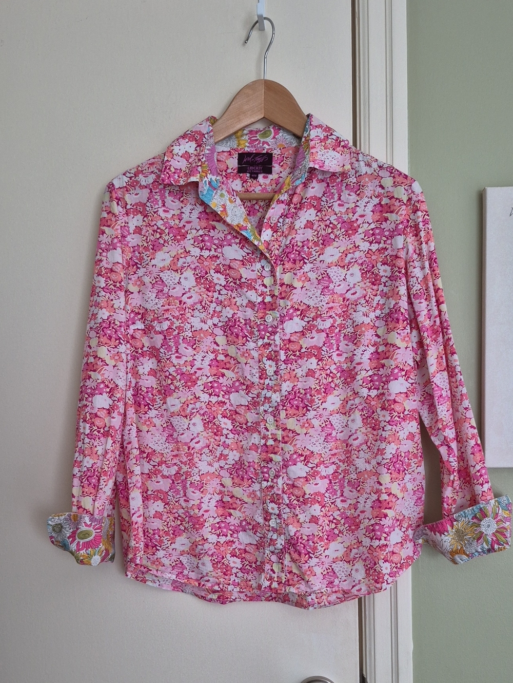 EUC Liberty Fabric Floral Blouse With Contasting Cuffs & Collar, M